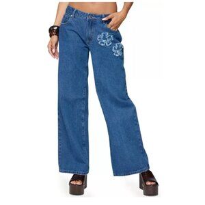 Edikted Jeans Size Large Flower Patch Low Rise Wide Leg Denim Blue Jeans